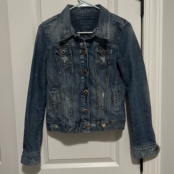 Guess Y2K Vintage Distressed Jean Denim Jacket Stretch Size Large w Gold Paint - Picture 1 of 10